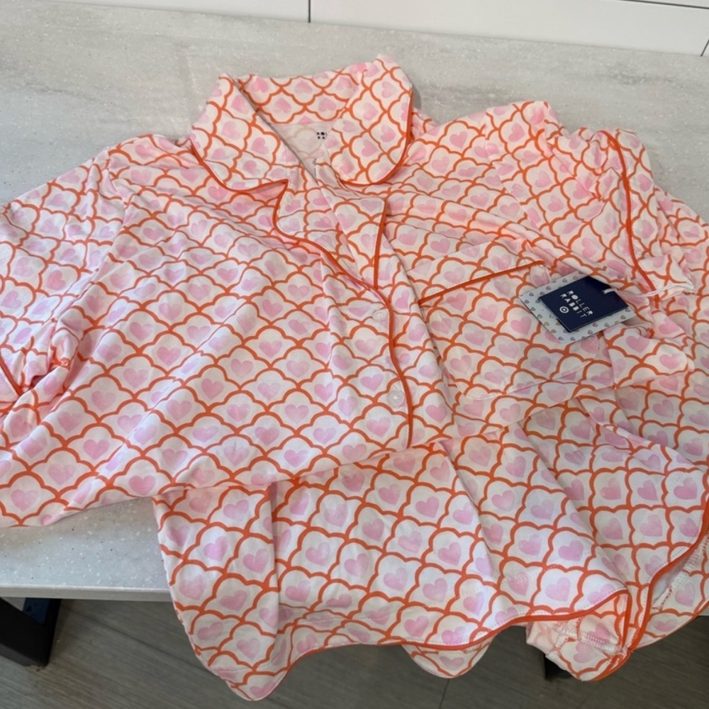 Roller Rabbit Geo Heart Short Sleeve Pajama Set in Pink & Orange Trim